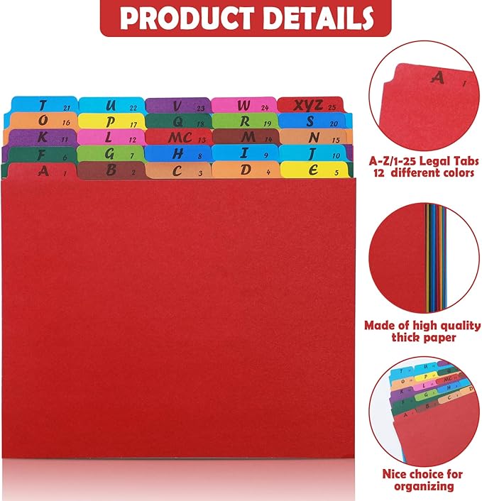 1 Set 25 Alphabet File Dividers A-Z Top Tab File Guides Letter Size 1/5 Cut Tab Manila Alphabetical File Organizer File Cabinet Dividers for Work Office Home School and Desk Organizer (Colorful)
