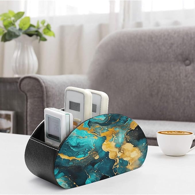 Remote Control Holder,Turquoise And Gold Printed PU Leather Remote Caddy Desktop Organizer with 5 Compartments for Media Accessories & Office Supplies Storage