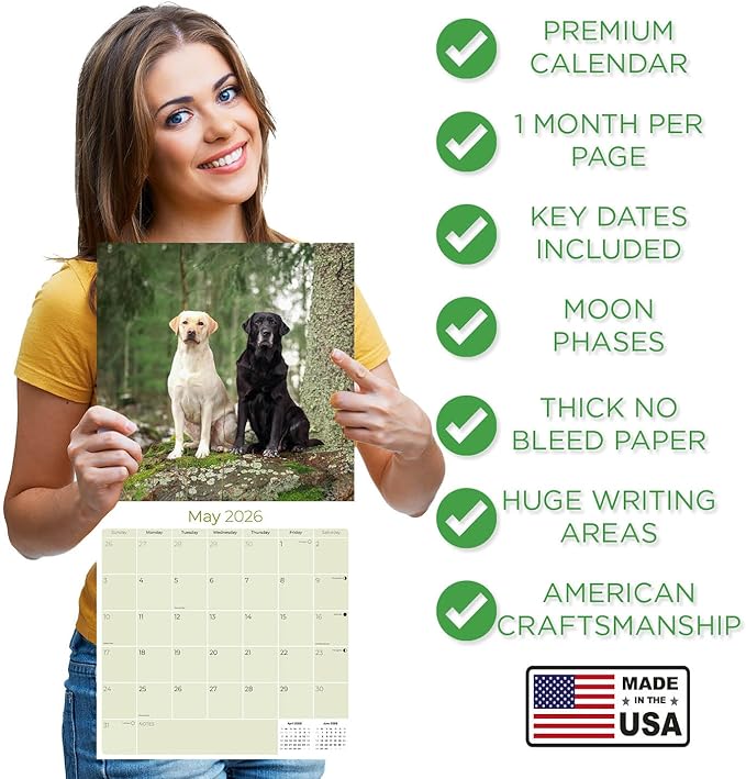 Labrador Retriever Calendar 2026 – 16-Month Dog Breed Wall Calendar by MegaCalendars – Black, Brown & Yellow Labs – Large Daily Blocks, Thick No-Bleed Paper, Made in USA
