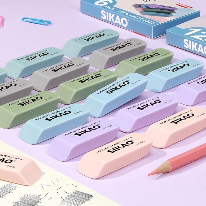 Morandi Erasers, 12 Pack Pencil Erasers for Kids – Aesthetic Pastel Beveled Rubber Erasers, Latex-Free & Smudge-Free for School Supplies, Classroom & Daily Writing