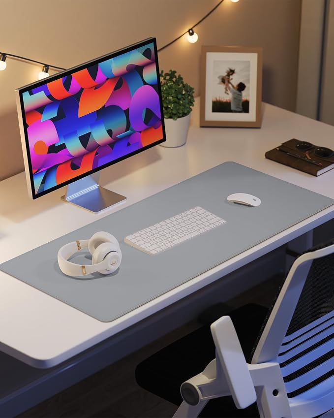 AFIING Desk Pad Protector 23.6" x 13.7" - Non-Slip Waterproof PU Leather Desk Mat for Mouse, Keyboard, Laptop, Office and Home Workspace (Light Grey)