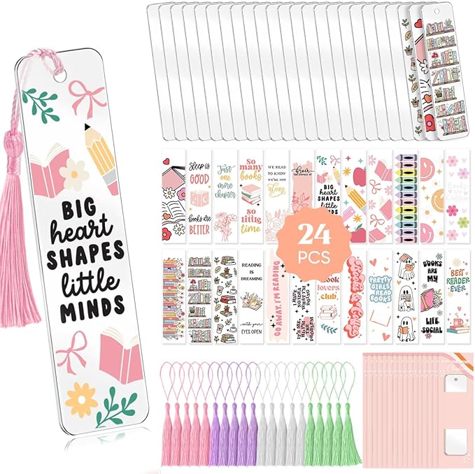 Kaciola 24PCS Acrylic Bookmark Blanks with 24PCS Booklover Theme UV DTF Stickers and 4 Colors Tassels,Blank Bookmarks UV DTF Transfers Stickers for DIY Crafts Hanging Tag Gift Bookmarks DIY