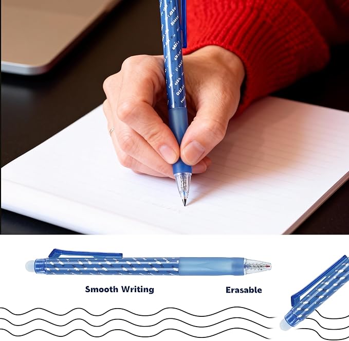 SMOOTHERPRO Erasable Pens Black | 12 Pcs Rub Out Biros | 0.5 mm Fine Point Friction Pen with Rubbers on the End | for Writing Colouring Adult Office Supplies (ERP012BK)