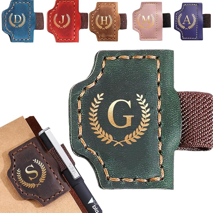 Personalized Mark Bookmark with Pen Holder, Leather Magnetic Book Marker 26 Letters,Custom Initials Page Marks, Gifts for Book Lovers Readers Men Women (Green, G)