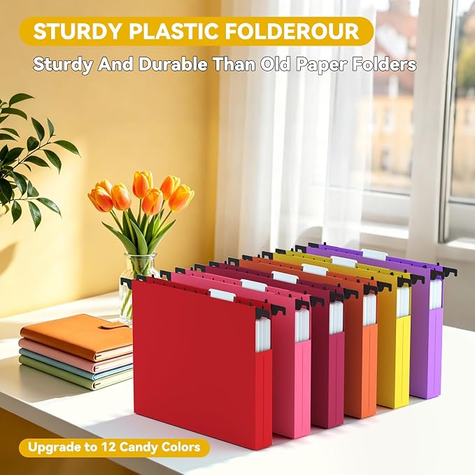 Plastic Hanging File Folders Letter Size,12 Pack Durable Filing Cabinet Folders with Tabs,1 inch Expanding Hang Folder for Home Office,Colored Heavy Duty File Folder Hangers for File Frame Box