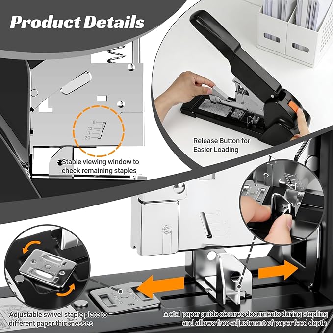 AFMAT Heavy Duty Stapler, 210 Sheet Staplers for Desk with 7000 Staples, Jam-Free, 50000+ Uses, 60% Reduced Effort, Easy Reload, Adjustable Paper Guide, Large Metal Manual Office Staplers, ES15