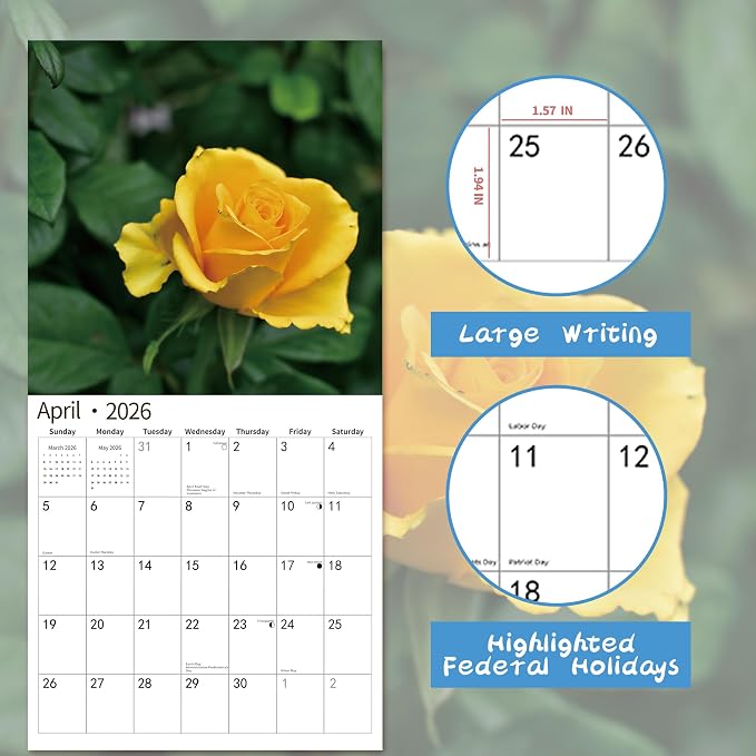 2026 Wall Calendar,Calendar 2026, November 2025 - December 2026, Wall Calendar Roses, 12" x 24" Opened,Full Page Months Thick & Sturdy Paper for Calendar Organizing & Planning