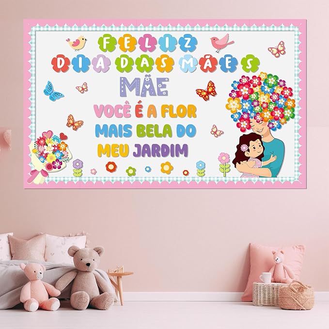 Mother's Day Bulletin Board Set Portuguese Happy Mother's Day Classroom Decoration Feliz Dia DAS MAES Flower Cutouts for Mom Floral Birthday Party School Classroom Home Window Supplies