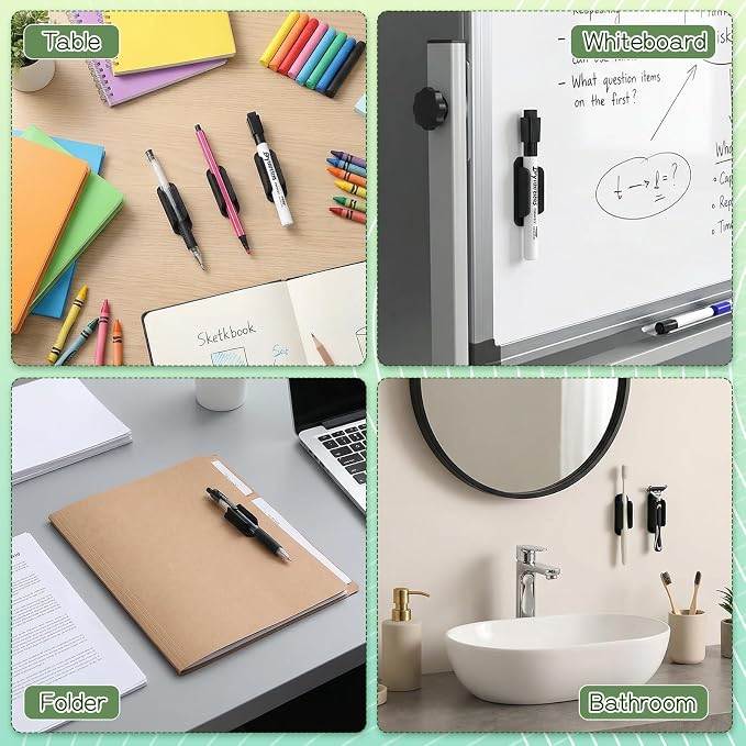 50 Pack Adhesive Pencil Holders for Desk, Silicone Flexible Adhesive Pen Holder for Desk Wall Clipboard, Reusable Marker Organizer for Classroom School Office Accessories Teacher Supplies, Black