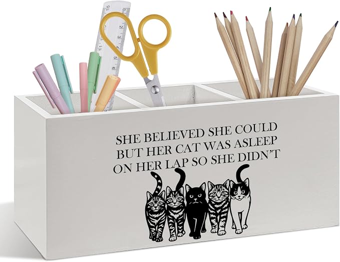 Funny Cat Pen Pencil Holder, Cat Mom Lady Lover Gifts, Cats Desk Accessories, She Believed She Could Kitty Wooden Pen Pencil Organizer for Home Office Desk Decor