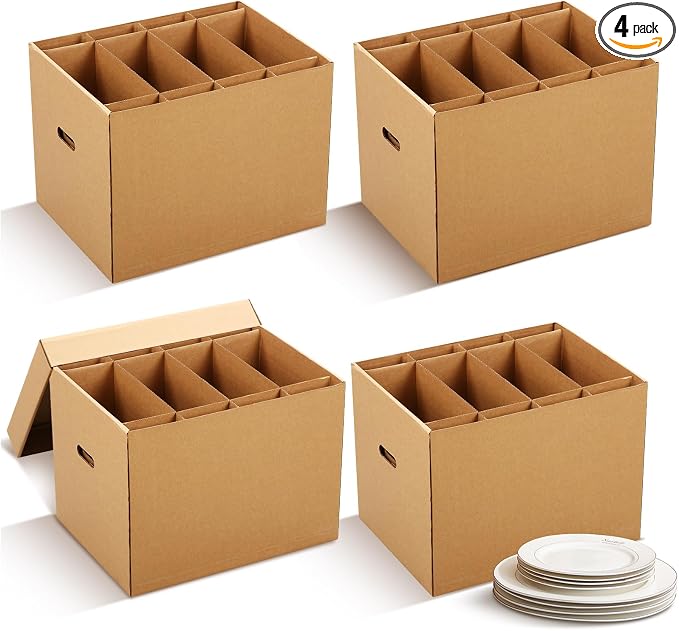 Fuyoooo 4 Pack Large Dish Packing Boxes for Moving with Divider 16 x 12 x 12 Inch Kitchen Moving Boxes with Reinforced Handle Lid Packing Supplies for Dishes and Glassware