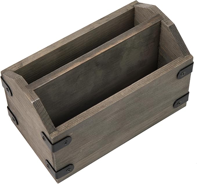 Stone Gray Wood Remote Control Organizer Wooden Tabletop Storage Caddy Two Compartment Holder TV Game Consoles Sorter Cell Phone Kitchen Utensils Office Supplies Living Room Home Bedroom