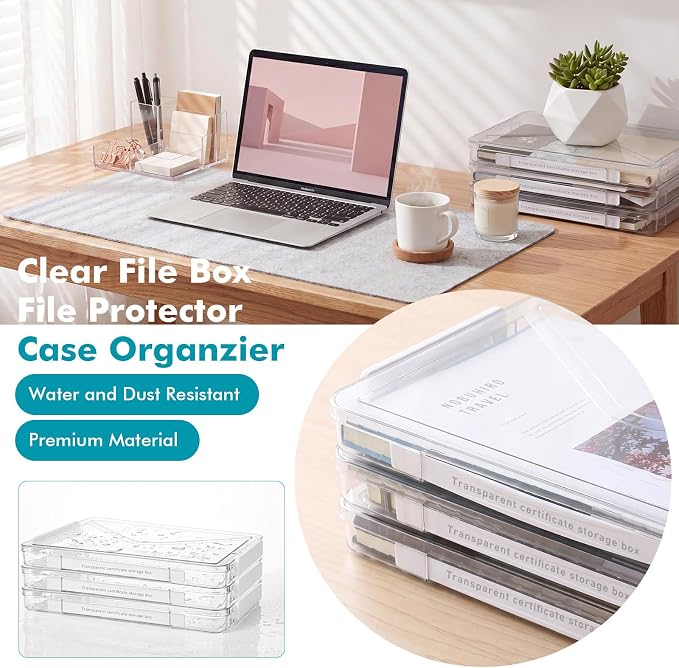 Novabright 3 Pack Clear Plastic File Boxes with Handle Portable Project Case Paper Storage Bin with Lid Transparent Stackable Container Document Magazine Protector for A4 Paper Photo Craft Scrapbook