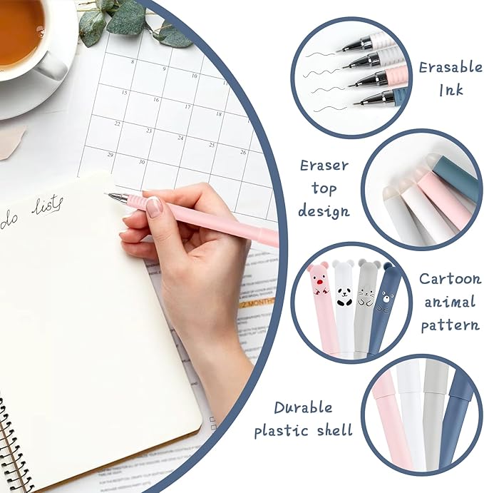 8pcs Erasable Gel Pens, 0.5mm Cute Erasable Pens Black and Blue with 30 Refills, Animal Rollerball Pens for Adult Writing Note Taking Office Supplies