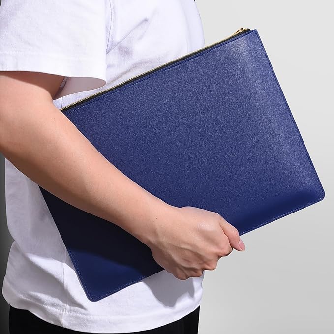 Enyuwlcm PU Leather A4 File Folder Zipper Document Holder Envelope Folder Case for Receipt Contract (1, Blue)