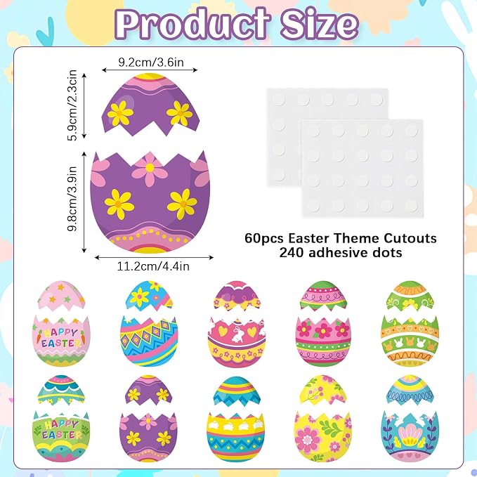 60pcs Easter Egg Theme Cutouts Easter Bulletin Board Decorations Spring Egg Shaped Paper Cut-Outs Classroom Decor for Boys Girls Classroom DIY Craft Photo Kindergarten Preschool Wall Door Supplies