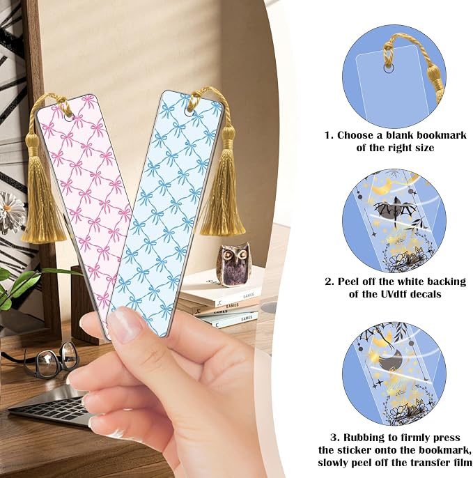 Bow UV DTF Bookmark Wraps - 24 Sheets Pink Coquettte Bows UV DTF Stickers for Acrylic Bookmark, Chinese Art Vintage Flower Waterproof Transfer Stickers DIY Blank Bookmarks Decorations Gift for Women