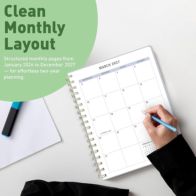 Sweetzer & Orange 2026-2027 Monthly Planner Notebook – 7.5" x 9.5" Two-Year Calendar Planner – January 2026 to December 2027 – Clean Monthly Layout, Sturdy 120gsm Paper, Gold Spiral Binding