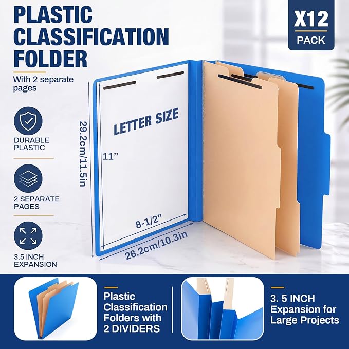 12 Pack Plastic Classification Folders with 2 Dividers & Fasteners, Heavy Duty 3.5” Expansion Letter Size File Folders for Law Client Files, Medical Records & Office Reports(Dark Blue)