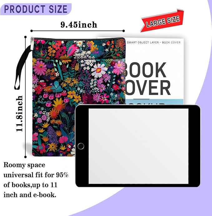 Flower Pattern Book Sleeve,Book Lovers Gifts Waterproof Book Cover for paperbacks with Zipper and Front Pocket Book Pouch for Women Teacher Birthday Graduation Christmas Gifts (Wildflower1604)