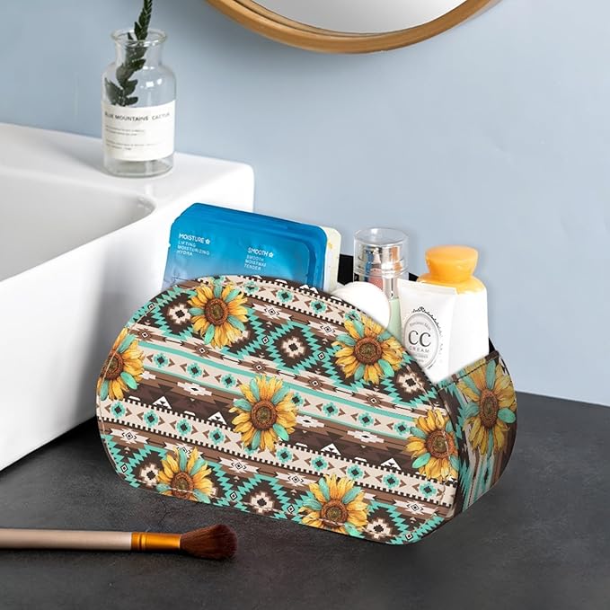 FUSURIRE Remote Control Holder Vintage Sunflower Aztec Geometry Print PU Leather Organizer Box with 5 Compartments for Home Office Supplies,Remote Caddy Desktop Storage for Controllers,Media Player