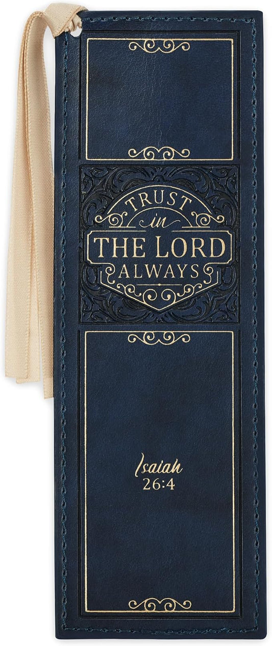 Christian Art Gifts Vegan Faux Leather Scripture Bookmark for Men & Women: Trust In The Lord - Isaiah 26:4 Inspirational Bible Verse Heat-Debossed, Faith-Based Reading Accessory with Tassel, Navy Blue