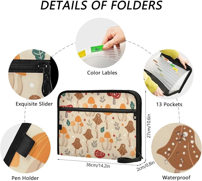 Mushroom Pattern Design Expanding File Folder with Sticky Labels, 13 Pockets Accordion File Folder Document Organizer Expandable Zip File Folder with Zipper Closure
