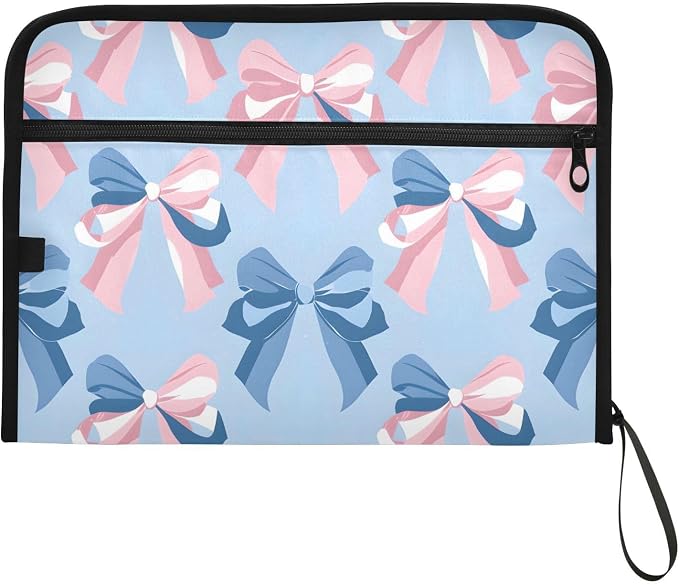 Expanding File Folder Pink Bow Blue Pattern Accordion File Organizer 13 Pockets Document Organizer with Zipper Labels A4 Letter Office Storage