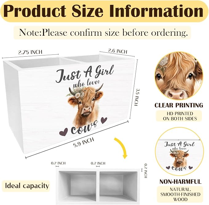 Floral Highland Cow Pen Holder for Desk, Highland Cow Gifts for Women Pencil Organizer, Just a Girl Who Loves Cows Wooden Box Sign Desk Decor for Home Office Decoration