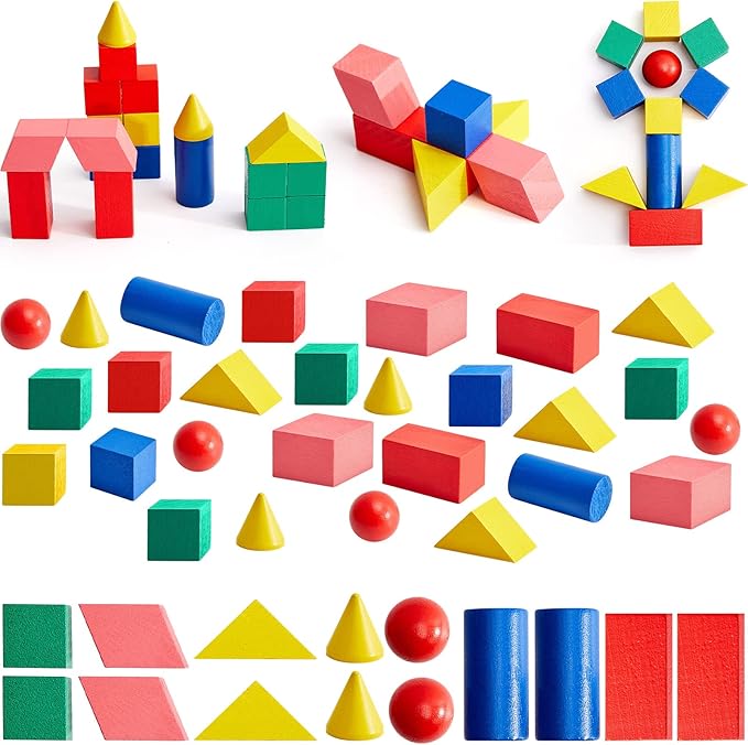 140 Pcs Mini 3D Shapes for Teaching, Wood Geometric Solids, Geometric Shapes 3D Shape Blocks, Classroom Manipulatives for Elementary School Geometry Math Kindergarten Preschool Learning