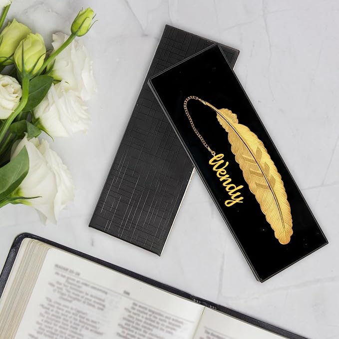 Custom Feather Bookmark Personalized Metal Bookmark with Name Pendant, Gold Silver Customized Gift for Bookworms, Teachers, Women Includes Gift Box