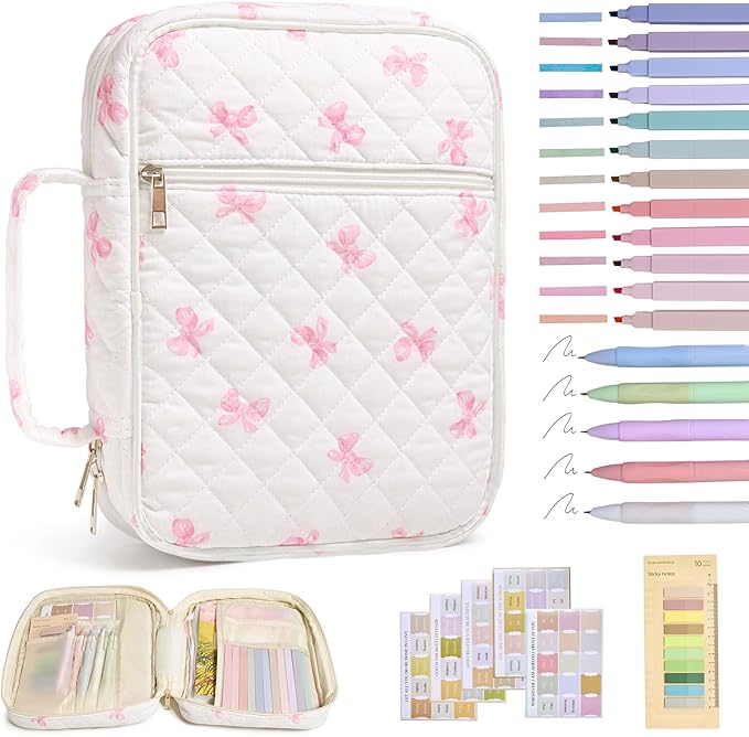 Bible Cover Case for Women Large Bible Cover with Durable Handle Quilted Bible Carrying Case for Girls Bible Study Supplies Accessories (Pink Bow, Pink Bow)