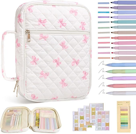 Bible Cover Case for Women Large Bible Cover with Durable Handle Quilted Bible Carrying Case for Girls Bible Study Supplies Accessories (Pink Bow, Pink Bow)
