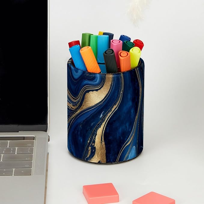 Leather Pen Holder for Desk, Blue Gold Marble Makeup Brushes Holder Pencil Cup Multifunctional Desktop Organizer Caddy for Home School Office Desk Accessories