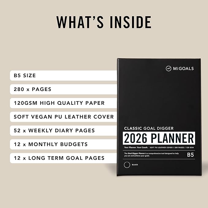 MI GOALS Goal Digger Weekly Planner 2026 | Dated Journal for Gratitude, Progress & Habit Tracking | Weekly Spread Layout, B5 (Black)