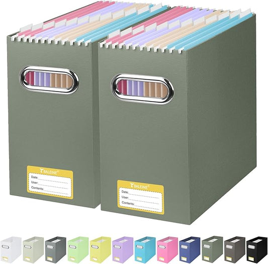 BALEINE File Organizer Box, Cardboard File Folder Organizer with Handle for Letter Size, Portable Collapsible Hanging Filing Box for Home Office Document Storage (2 Pack,Olive)