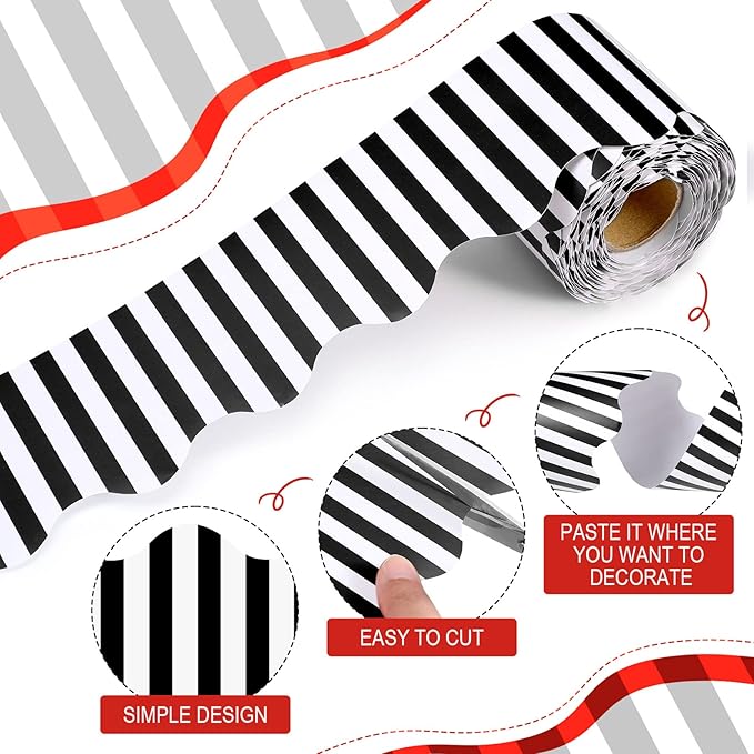 65 Feet Scalloped Bulletin Board Border for Classroom Self Stick Striped Borders Wavy Line Border for Bulletin Cork Board Desk Classroom Party Supplies Decor(Black and White Stripes)