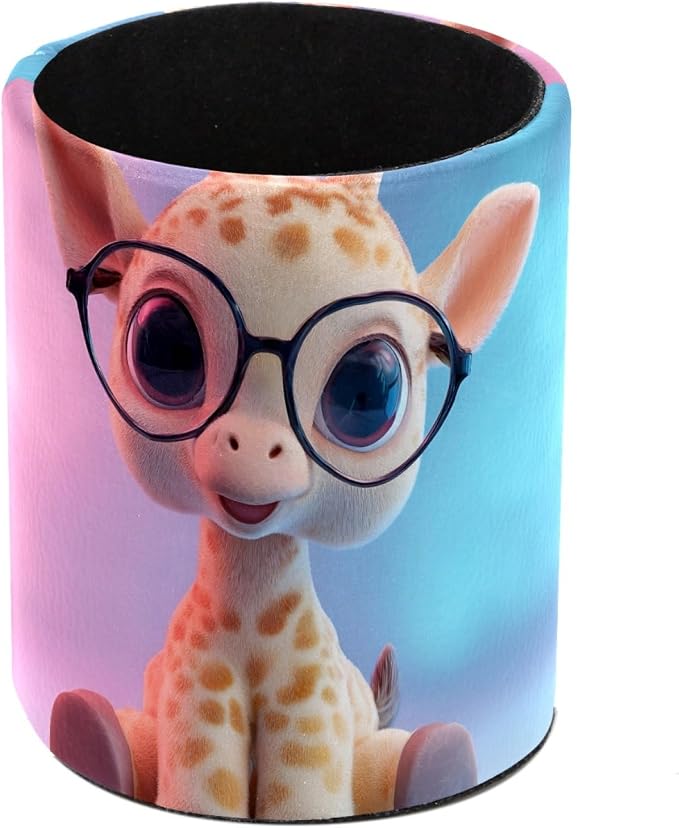 Leather Pen Holder for Desk, Cartoon Giraffe Makeup Brushes Holder Pencil Cup Multifunctional Desktop Organizer Caddy for Home School Office Desk Accessories