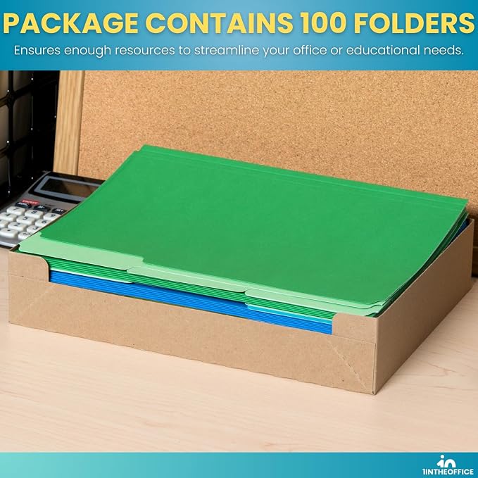 1InTheOffice Colored File Folders, Colorful Assorted Folders with Tabs, Letter Size 1/3-Cut Tab, 100/Pack
