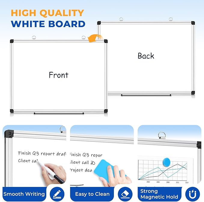 WALGLASS Double Sided White Board Dry Erase, 36''x24'' Magnetic Whiteboard for Wall with Aluminum Frame, Hanging Wall Mount Board for Home Office School Kitchen