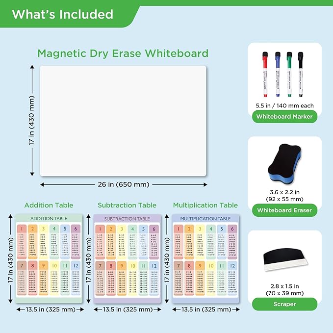 COMIX Dry Erase Multiplication Chart Whiteboard, 26" x 17" Magnetic Adhesive White Board with 4 Marker for Kids Students, Classroom and Home
