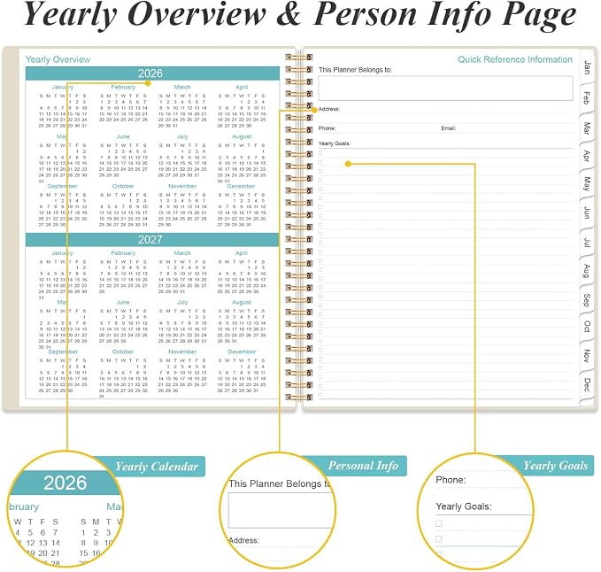 Planner 2026-2027 For Women & Men - Monthly and Weekly Calendar Planner from July 2026 - June 2027, Student Planning with 12 Tabs for Office School Supplies, Inner Pocket, 8.5" x 11", Beige