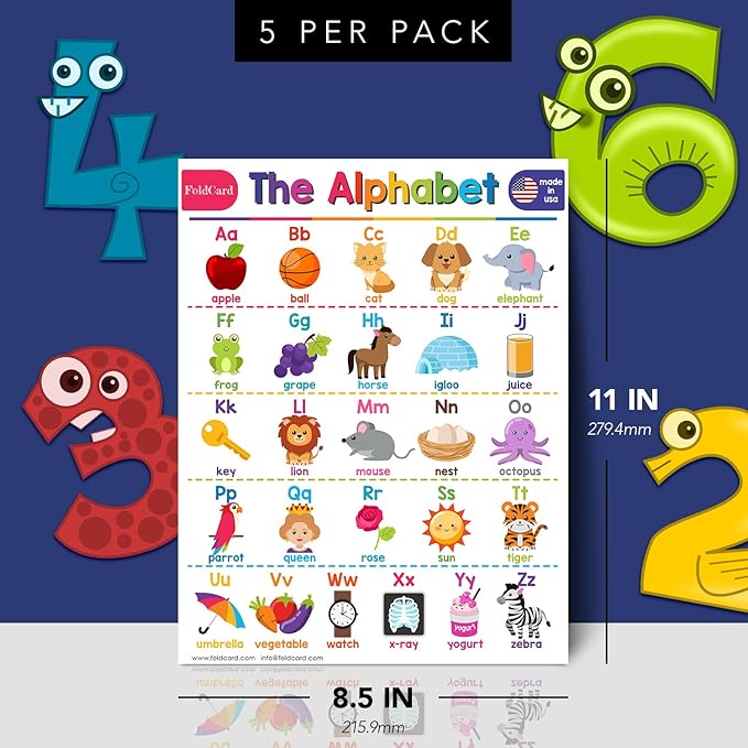 Alphabet Chart for Preschool to Grade 1 Kids – Bright and Colorful Educational Visual/Learning Aid Poster Decoration for Classroom or Home | Glossy Durable Cardstock | 8.5" x 11" | 5 per Pack