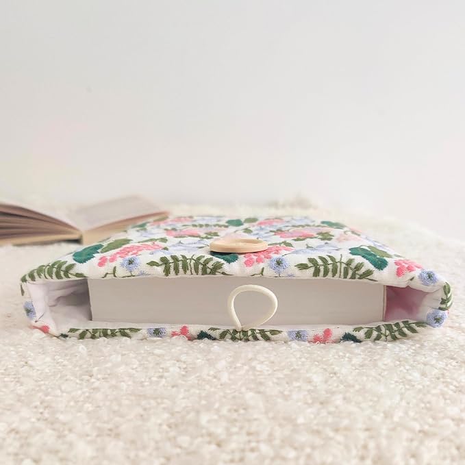 Floral Embroidered Canvas Book Sleeve - Elegant Book Cover, Padded Protector for Paperbacks & Hardcovers, Ideal for Book Lovers, Wooden Button (Lavender, Large)