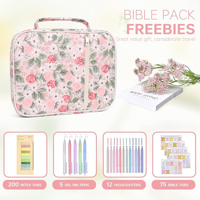 Bible Cover Case for Women Large Bible Cover with Durable Handle Quilted Bible Carrying Case for Girls Bible Study Supplies Accessories (Strawberry Garden, Strawberry Garden)