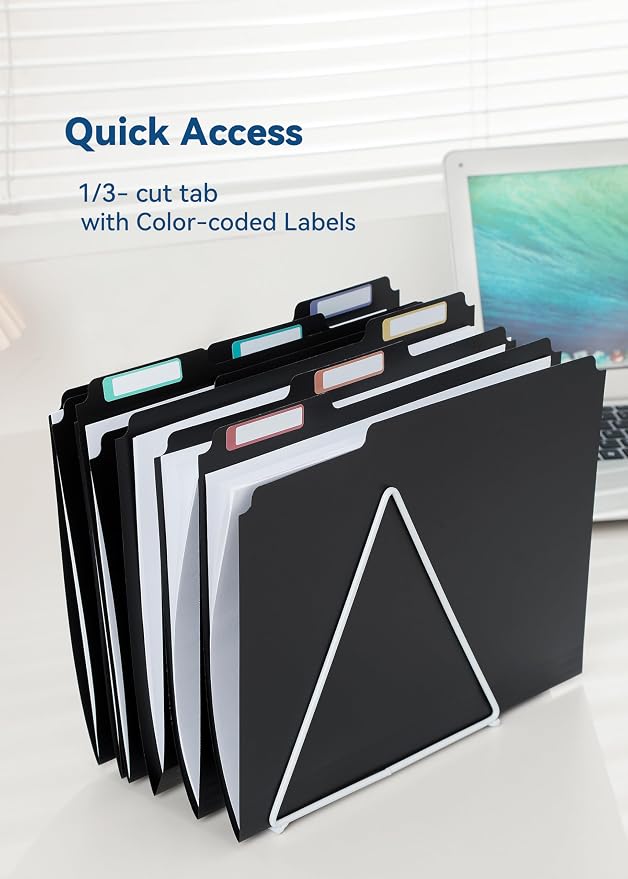 SortRax Plastic Manila Folders 8.5 x 11, 12 Pack, Poly Black File Folders, 1/3-Cut Tabs with Colorful Labels, Letter Size