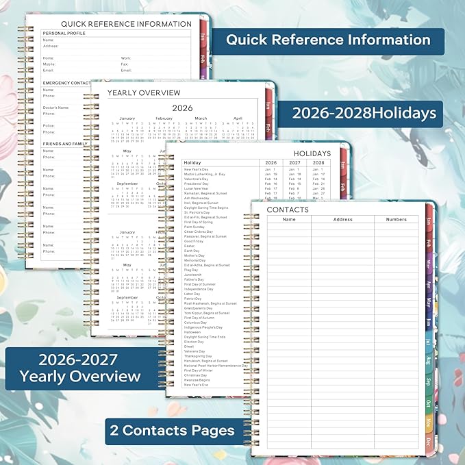 2026 Planner - January 2026 - December 2026, Weekly Monthly Planner 2026 with Colorful Tabs, 6.3" x 8.4", Floral, Twin-Wire Binding
