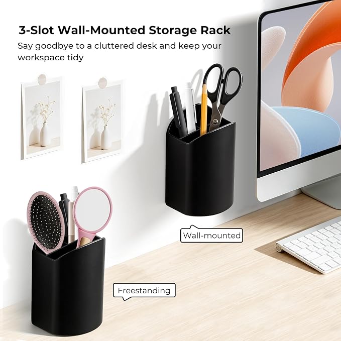UMUST Silicone Pencil Holder, Self Adhesive Pen Organizer for Desktop, No Drill Wall-Mounted Electric Toothbrush Holder, 3-Slot Multi-Functional Holder Accessories for Home, Office, School (Blcak)