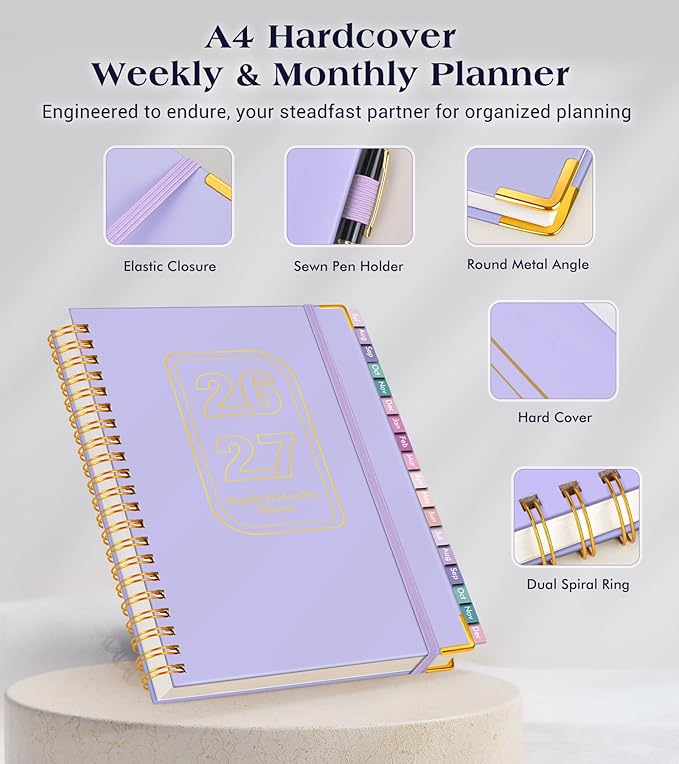 Academic Planner 2026-2027, 18 Months Weekly and Monthly Hardcover Planner, July 2026 - December 2027, 8.5" x 11" A4 Large Daily Calendar Planner Book with Tabs, Spiral College School Agenda Organizer for Student Teacher, Purple