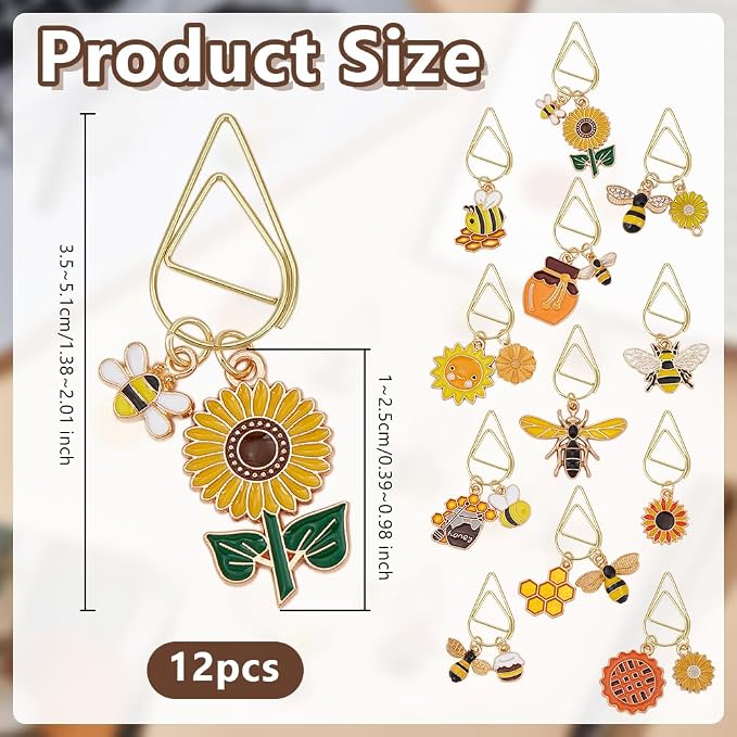 OLYCRAFT 12Pcs Cute Bee Paper Clips Bee Bookmark Teacher Presents Clip with Bee Alloy Enamel Pendants Animal Bookmark Clips for Bookmarks School Office Home Supplies and Book Lovers